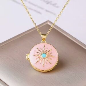 Sun Locket Sun Necklace Enamel Pink Rose Quartz Sun Pendant Astral Necklace